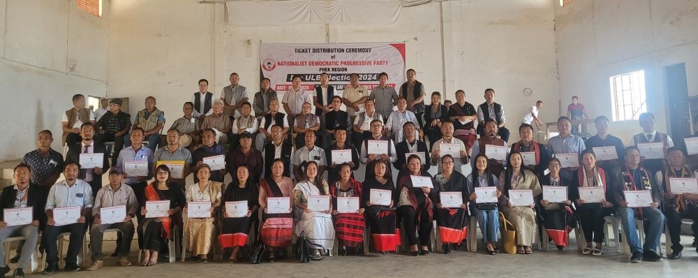 NDPP officials candidates for ULB elections 2024 for four town council in Phek district with officials on June 10 at Phek town. (Morung Photo)